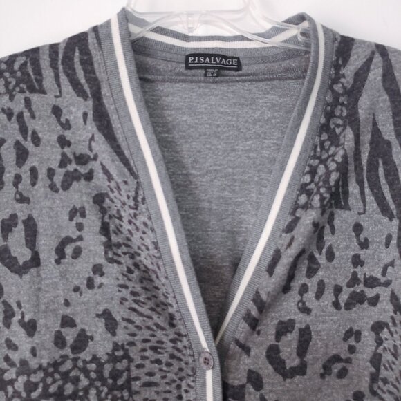 PJ Salvage Cardigan Leopard Grey Collegiate Collar Stripe Oversize Long Sleeve - Picture 3 of 7